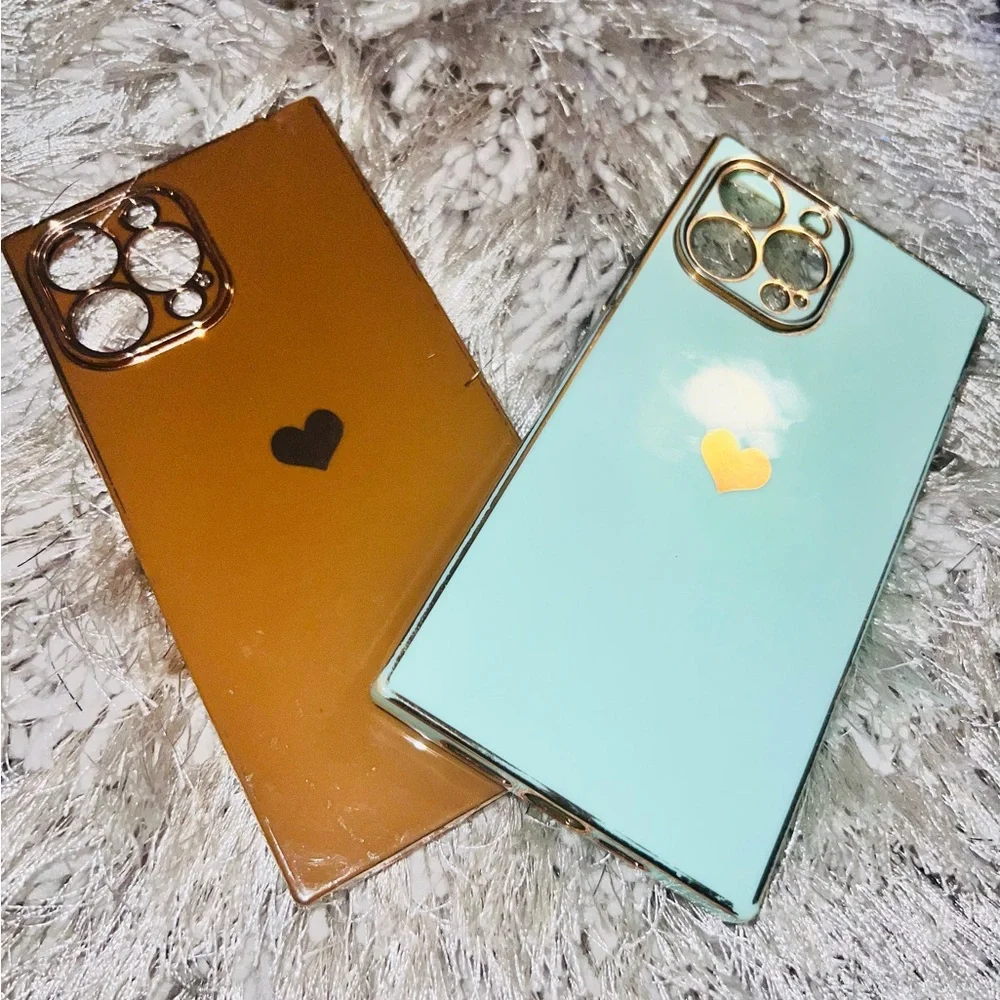 Elegant Heart-Embellished Phone Cases - Brown and Mint I phone 13 pro max